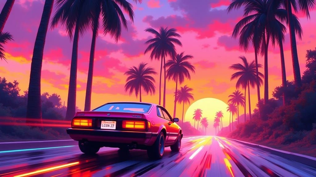 Vaporwave Toyota Celica GT Speeding Down Palm Tree Lined Roa...