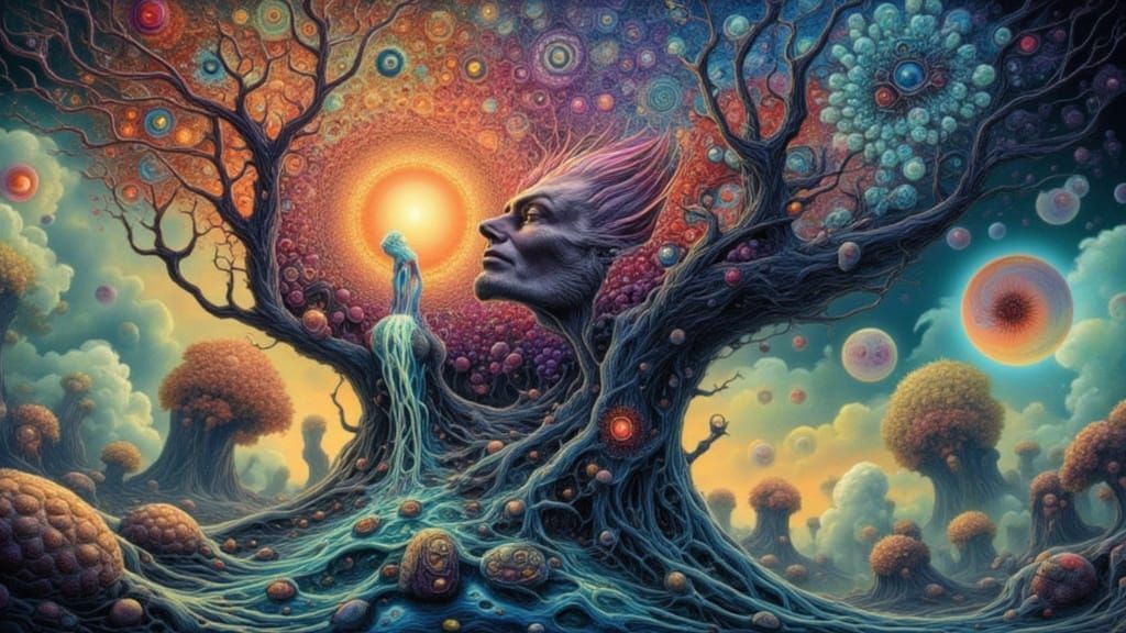 Surreal Rainbow Lightning Man on Floating Island