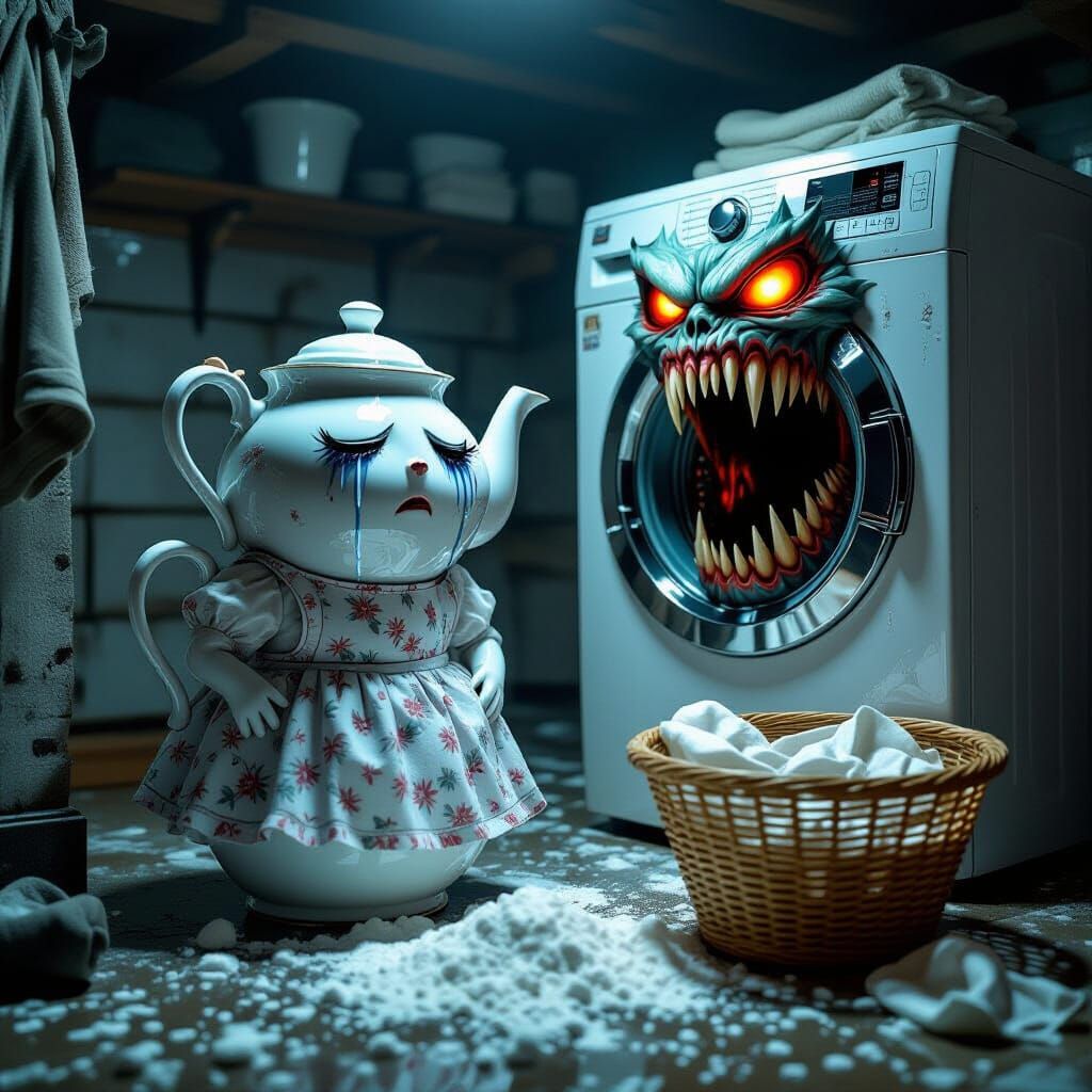 Crying Teapot in Laundry Room, Hyperrealistic Style