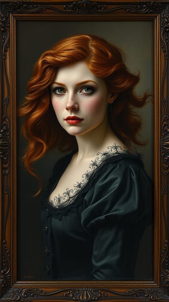 Gothic Victorian Woman in Ornate Oil Portrait