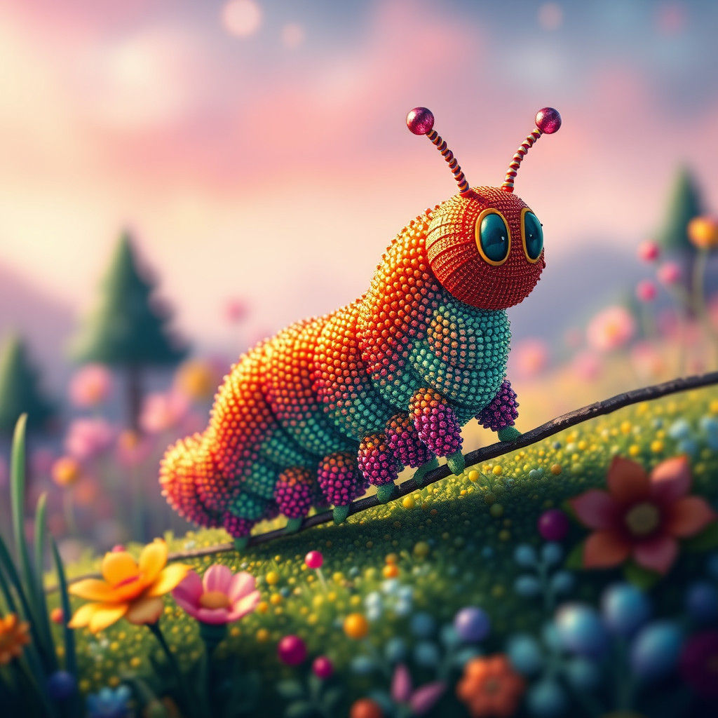 Pointillist Caterpillar in Whimsical Landscape