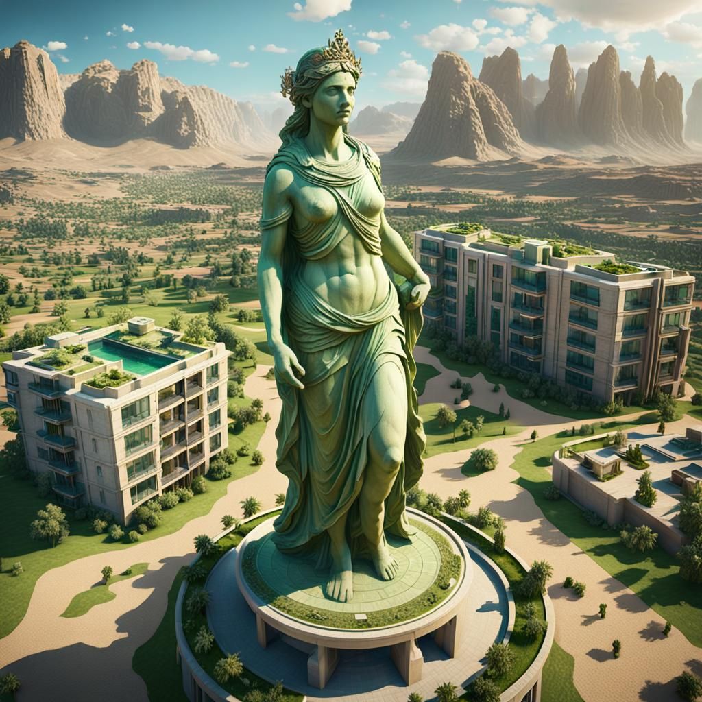 Gigantic Aphrodite Statue in Green Desert, 3D Render