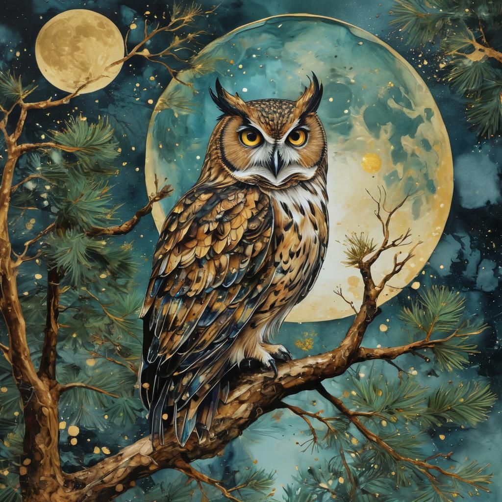 Owl in Pine Tree with Moon, Alcohol Ink Style