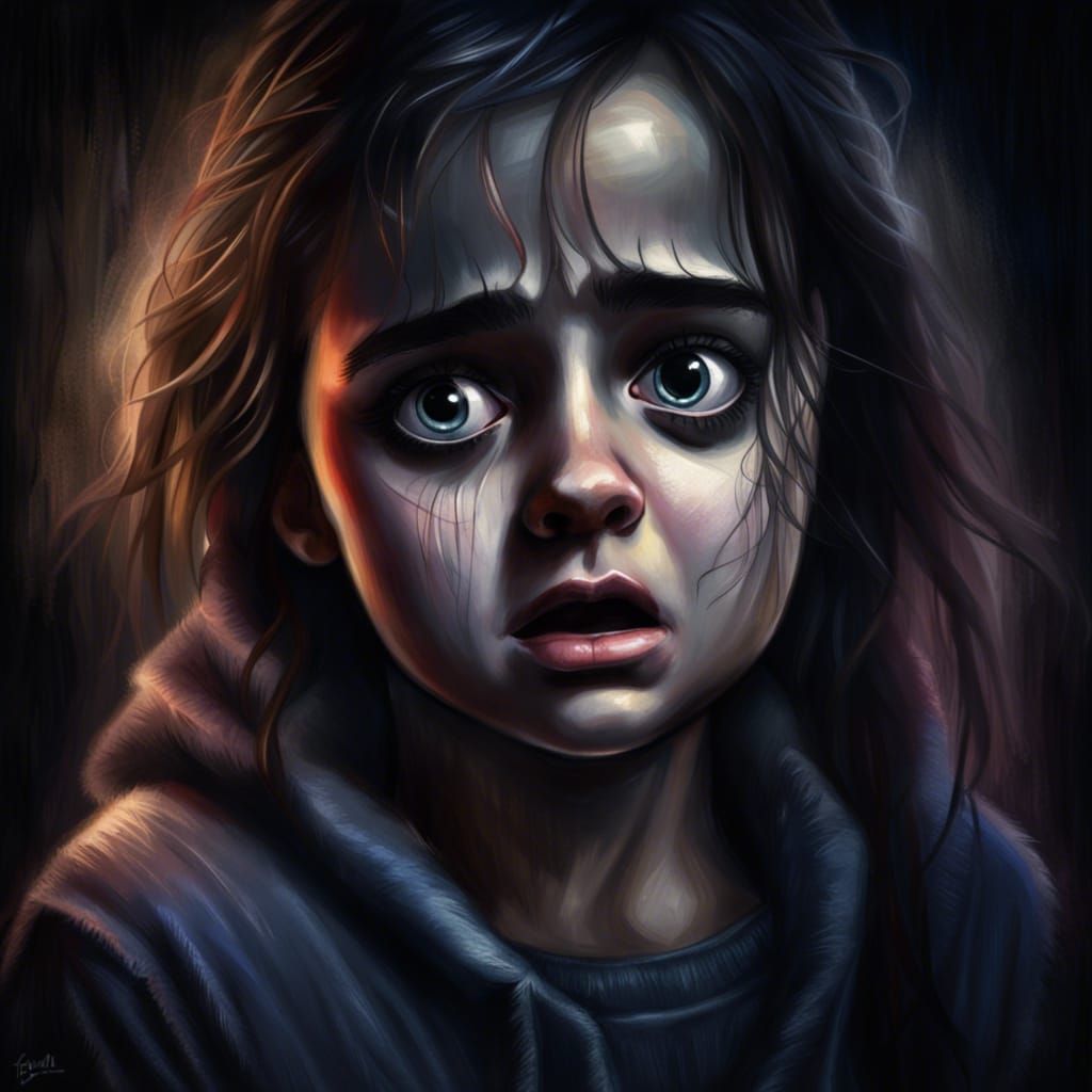 Frightened Girl Crying at Twilight: Digital Charcoal Paintin...