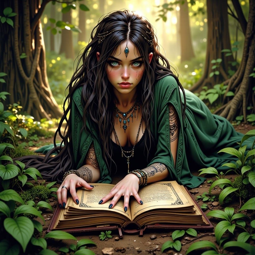 Mystical Druid Studying Ancient Spells in Enchanted Forest