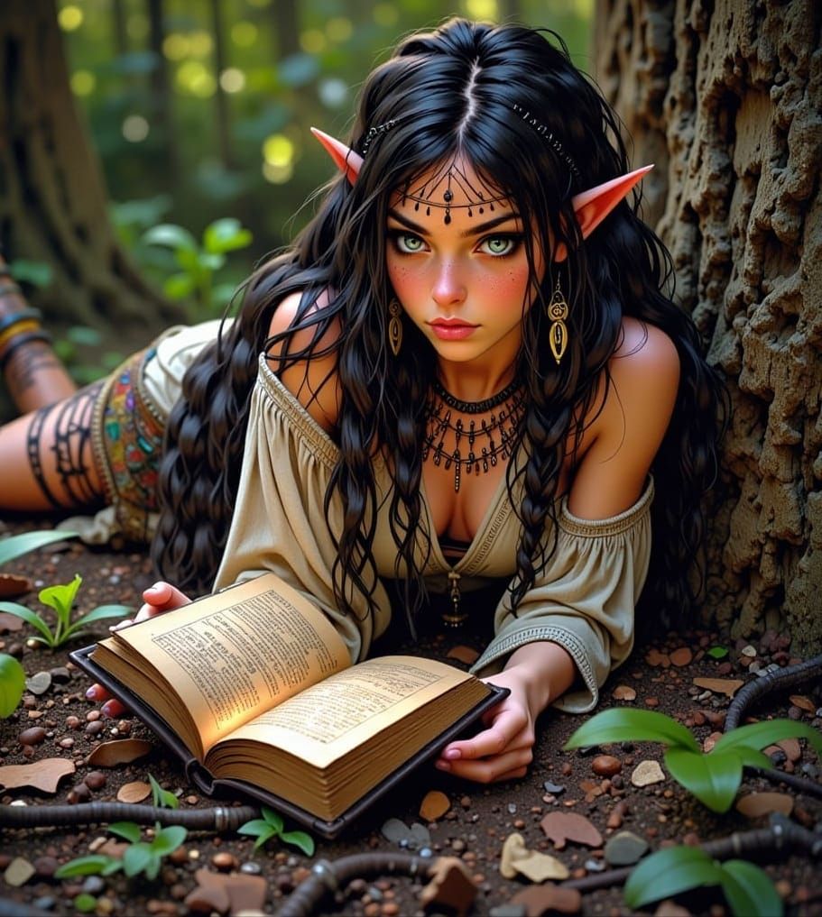 Druid Studying Spellbook in Detailed Matte Painting