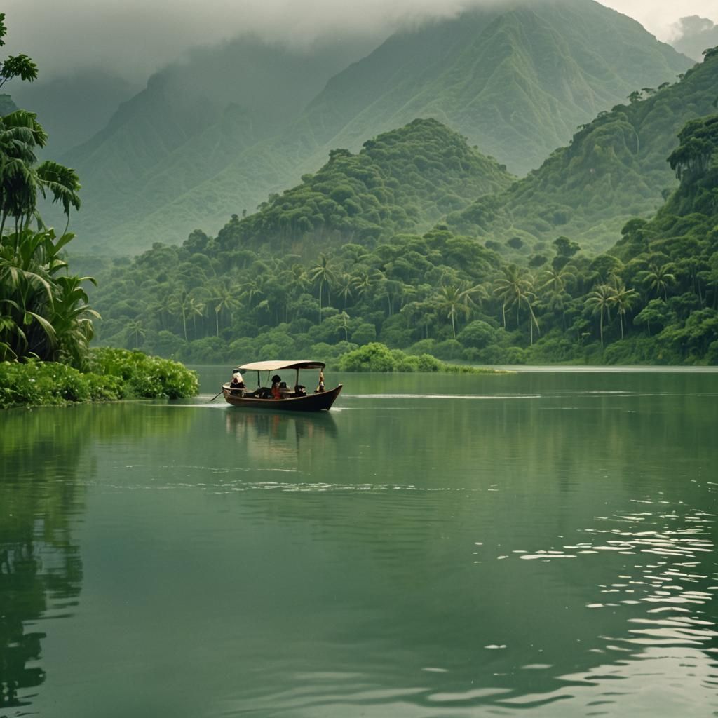 Caribbean Boat on Tranquil Lake: Wong Kar-wai Style