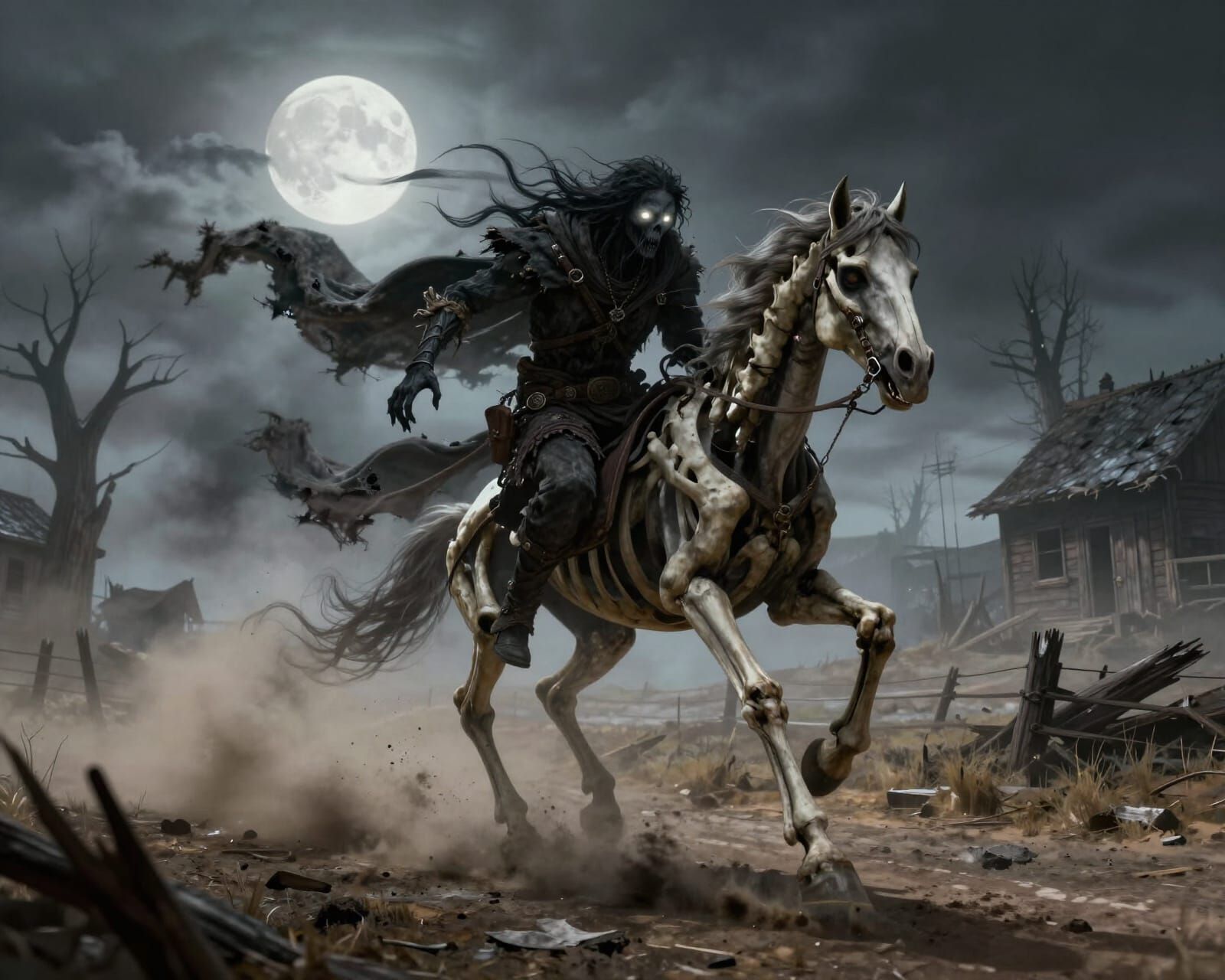 Ghost and Skeletal Horse on Desolate Western Road