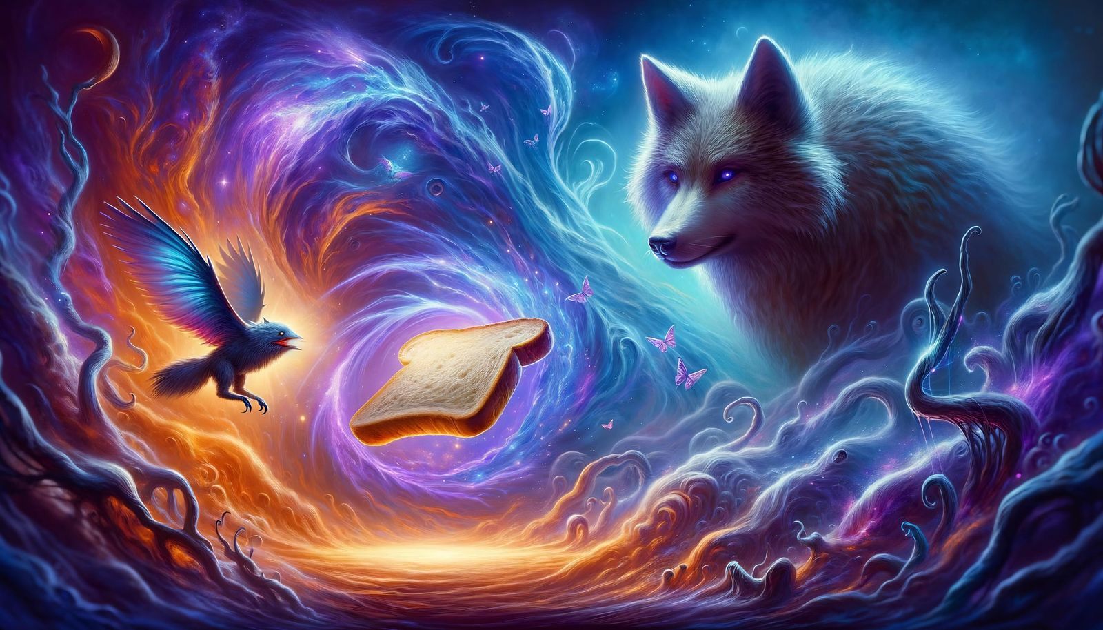 Mystical Bread with Wolf and Bat in Fantasy Scene