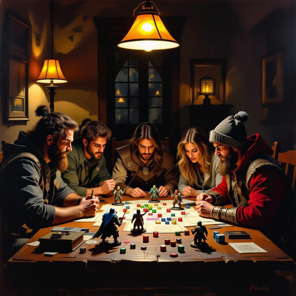 Friends Play Dungeons & Dragons in Dramatic Oil Painting Sty...