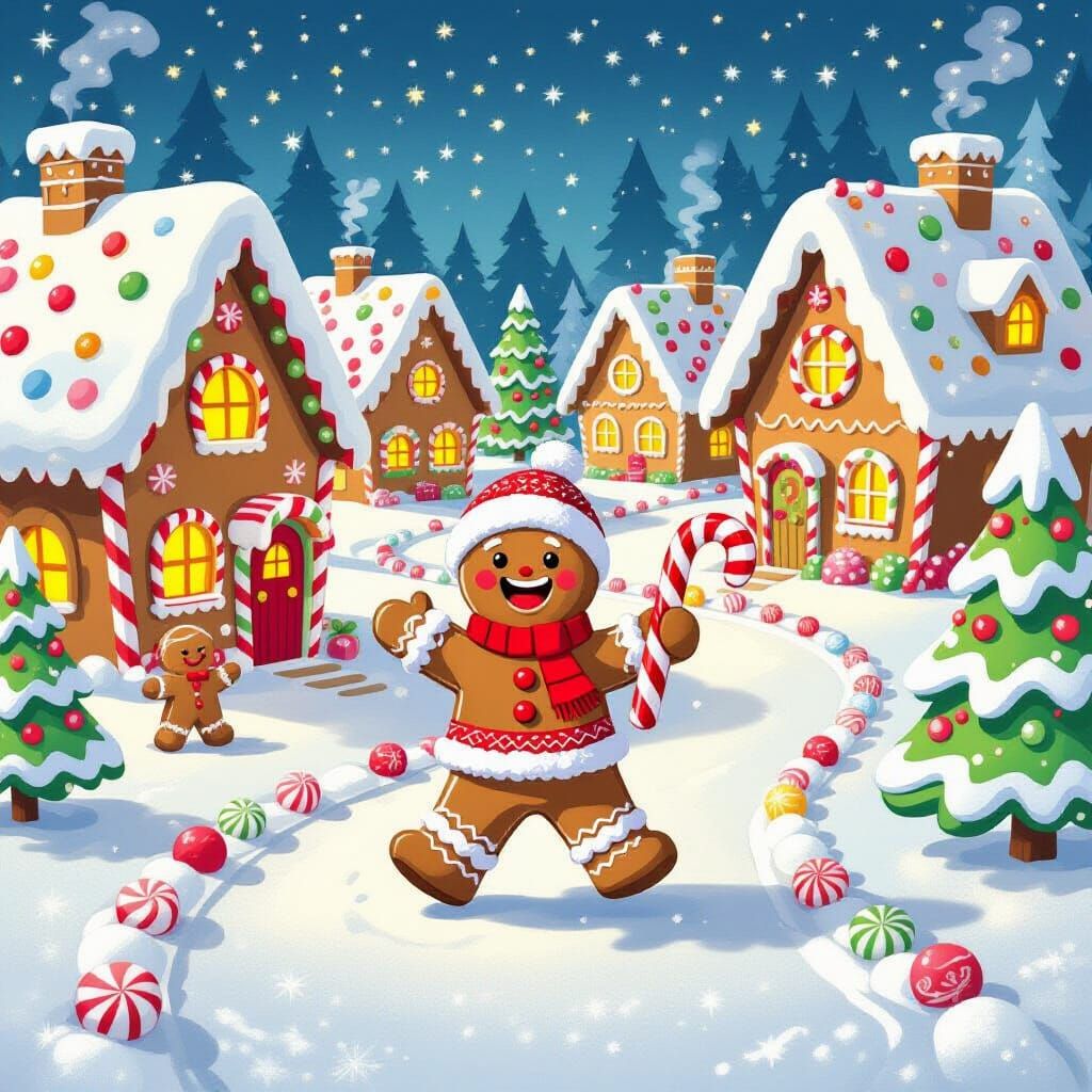 Joyful Gingerbread Village with Dancing Character