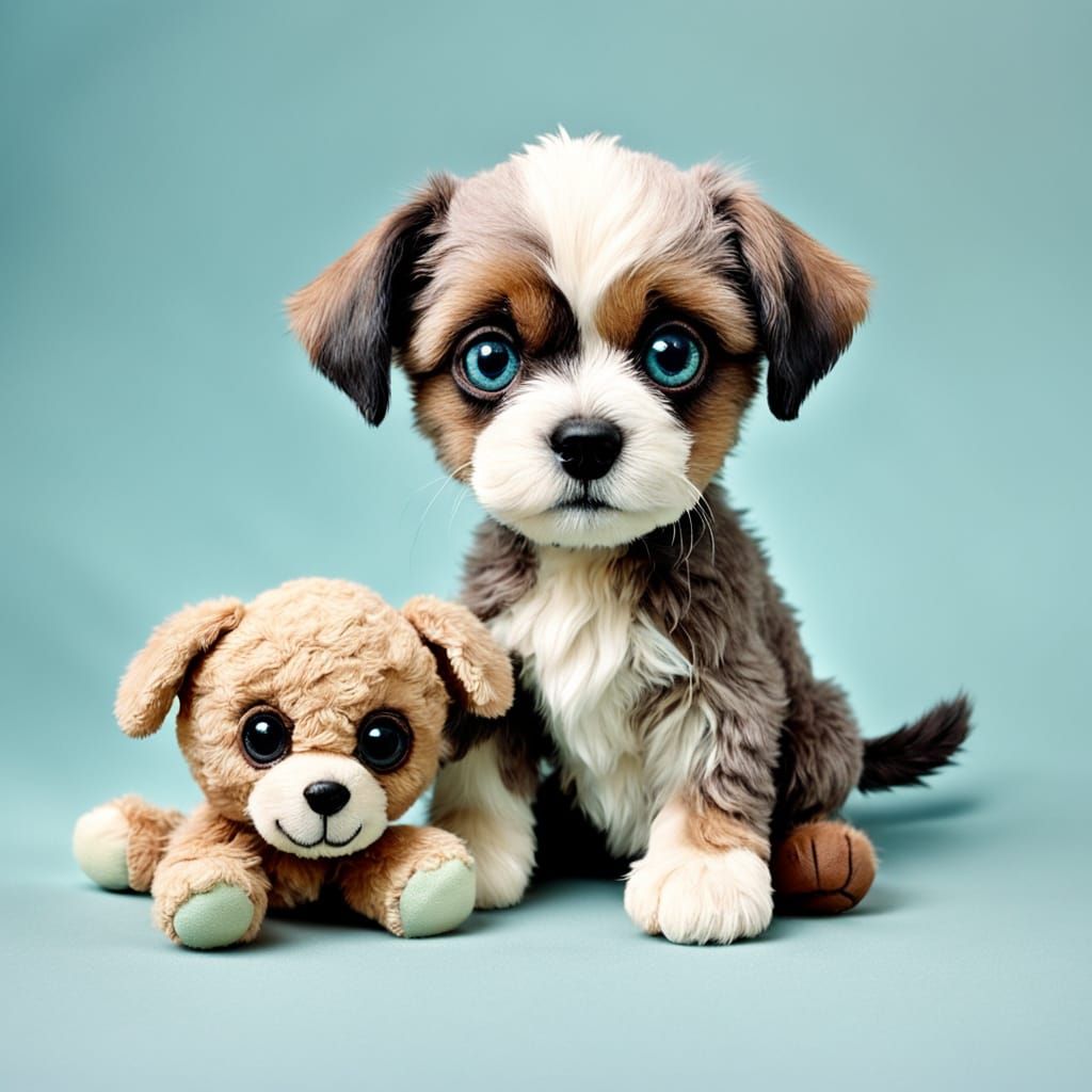 Winsome Puppy with Teddy Bear in Pastel Colors
