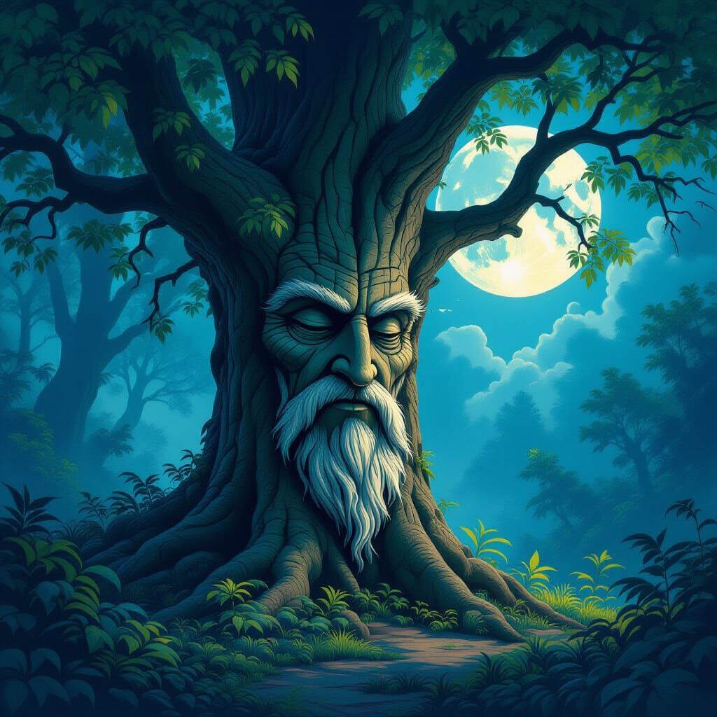 Mystical Tree with Carved Face in Moonlit Forest