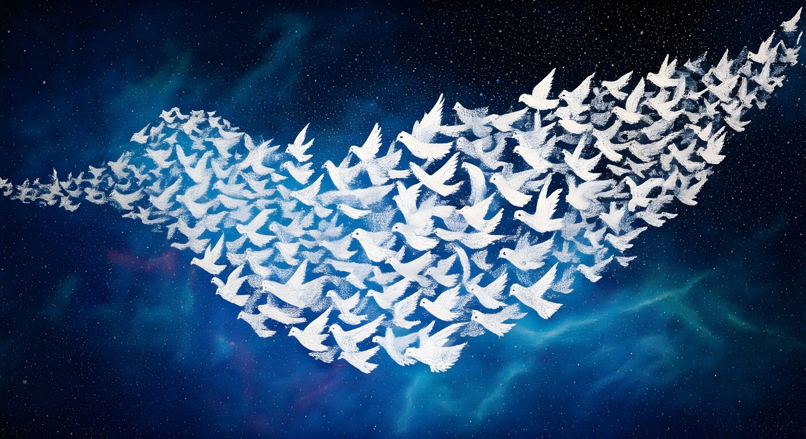 Vibrant Nighttime Dove Formation in Whimsical Crayon Style