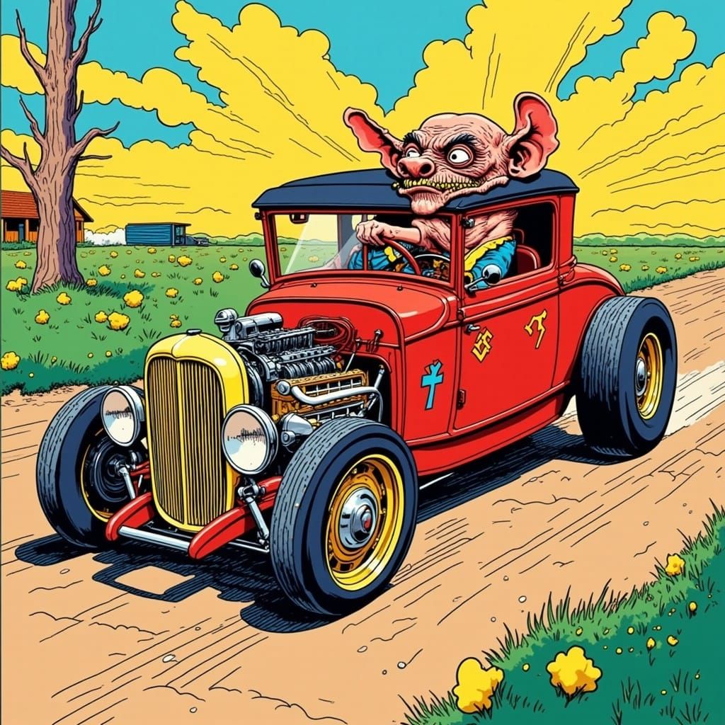 Grotesque Rat Fink Drives 1932 Ford 3-Window Coupe in Retro...