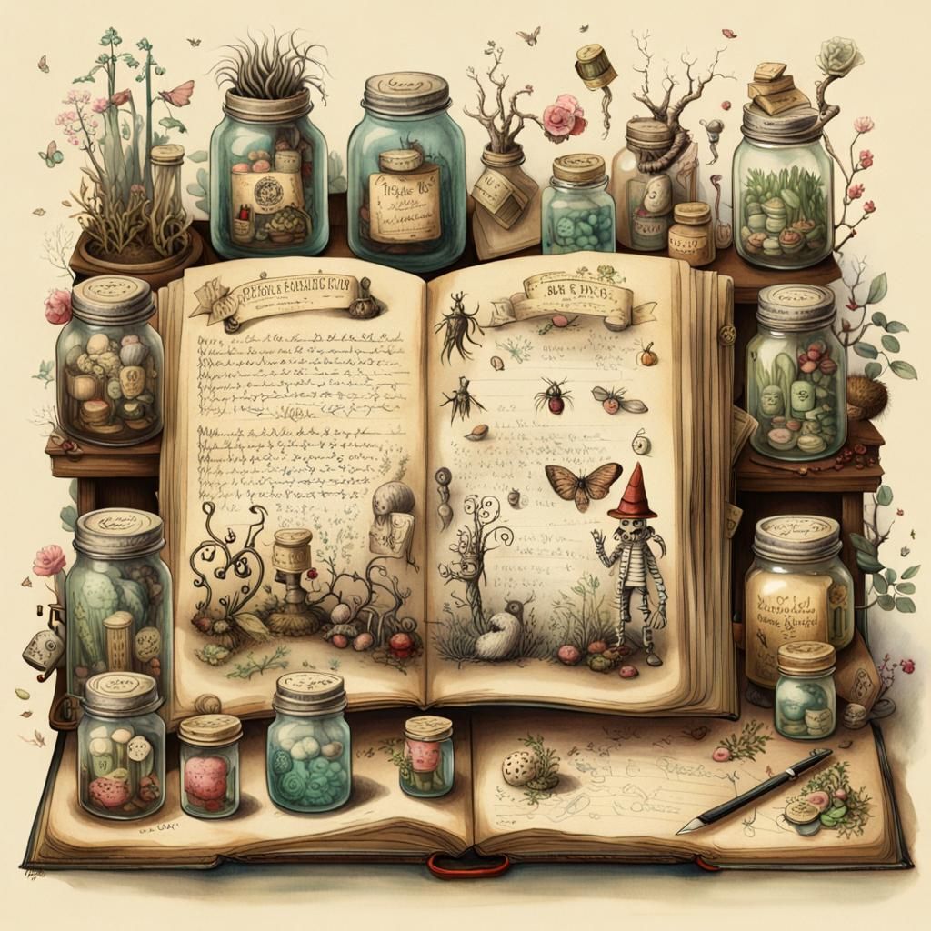 Botanical Spell Book with Whimsical Nightmare Elements