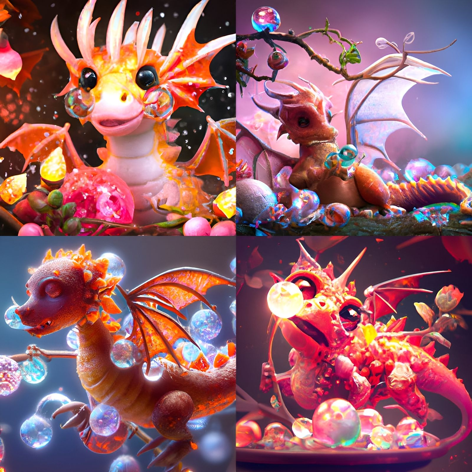 Baby Fire Dragon with Crystal Cherries, Art Nouveau