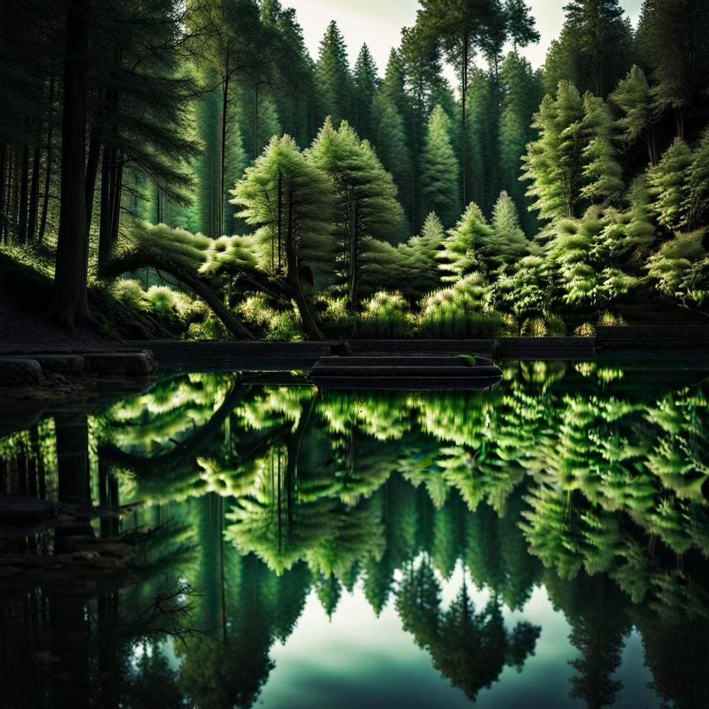 Reflections in Forest Pool: Hyperrealistic HDR Image