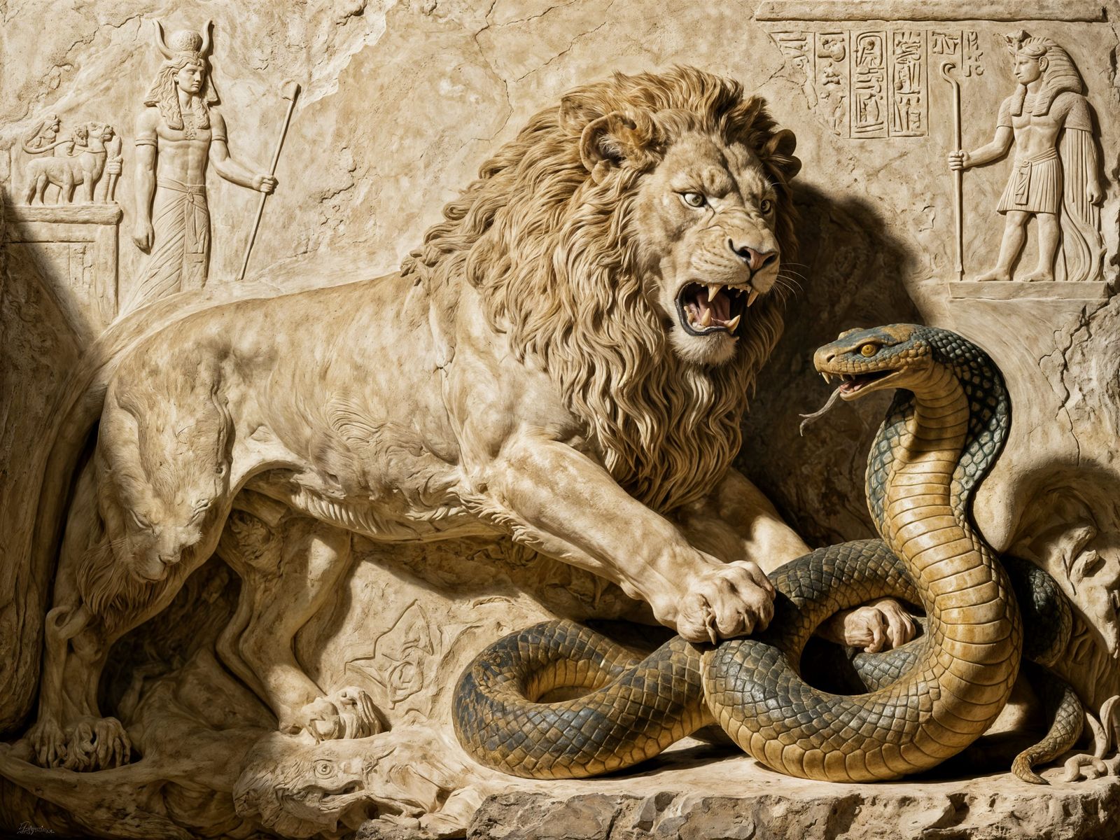 Lion Battles Serpent in Ancient Plaster Bas-Relief