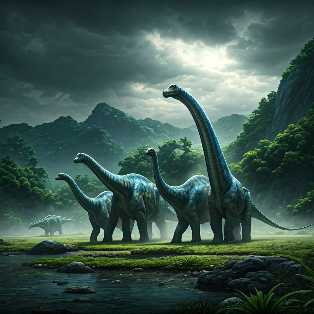 Diplodocus Dinosaurs and Young in Jurassic Landscape