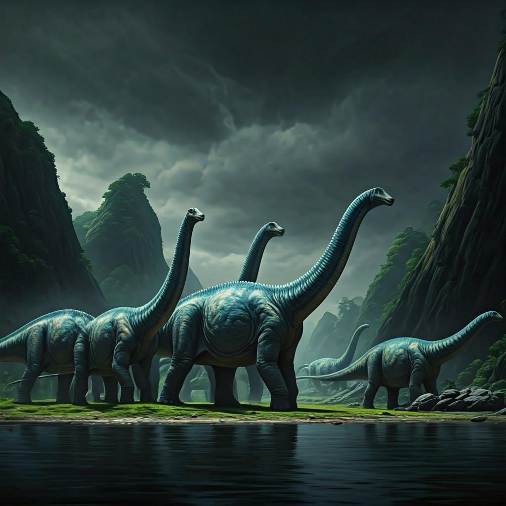 Diplodocus Dinosaurs in a Jurassic Landscape Painting