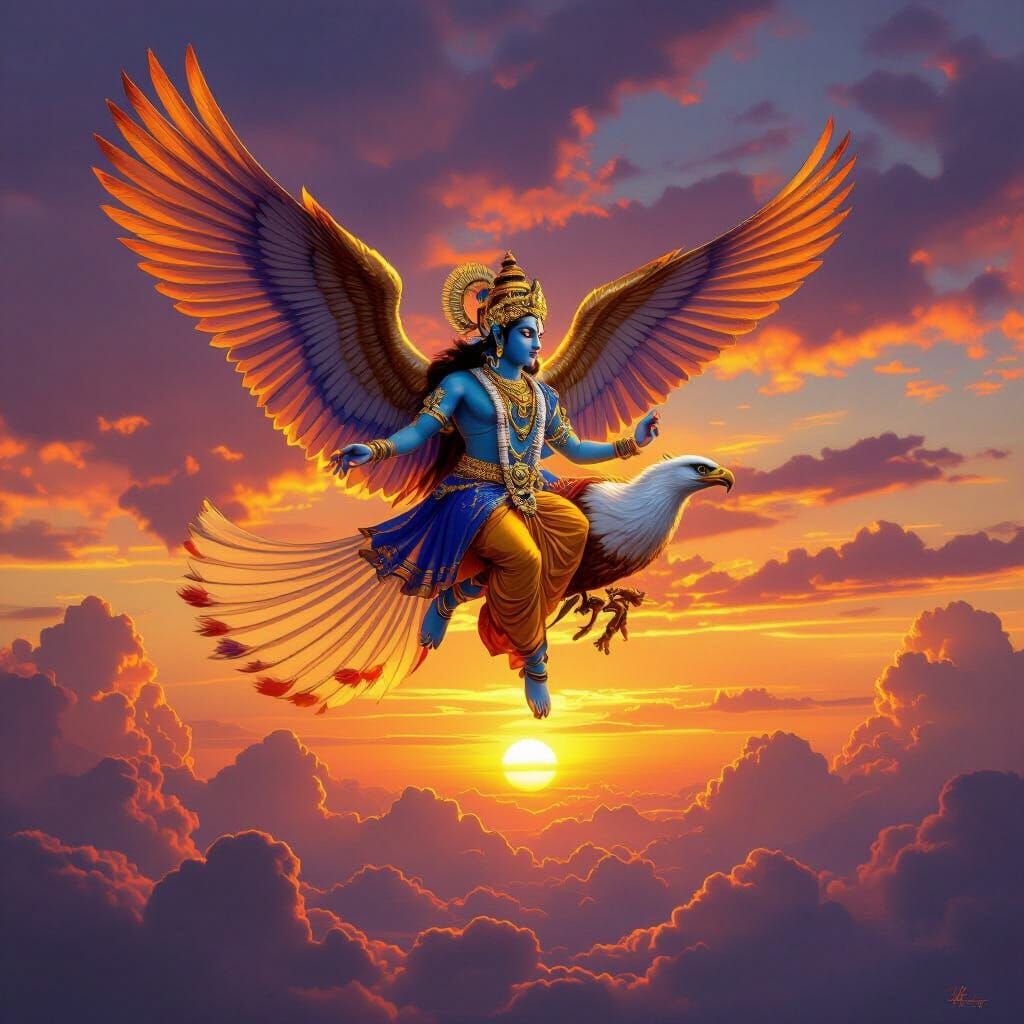 Garuda Eagle Carries Lord Vishnu in Golden Dhoti at Sunset