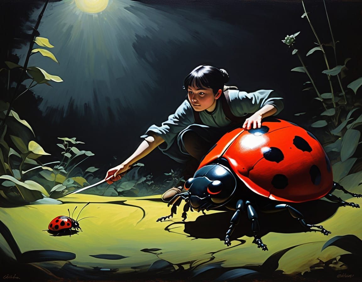 Fantasy Rogue and Ladybug Companion in Dramatic Oil Painting...