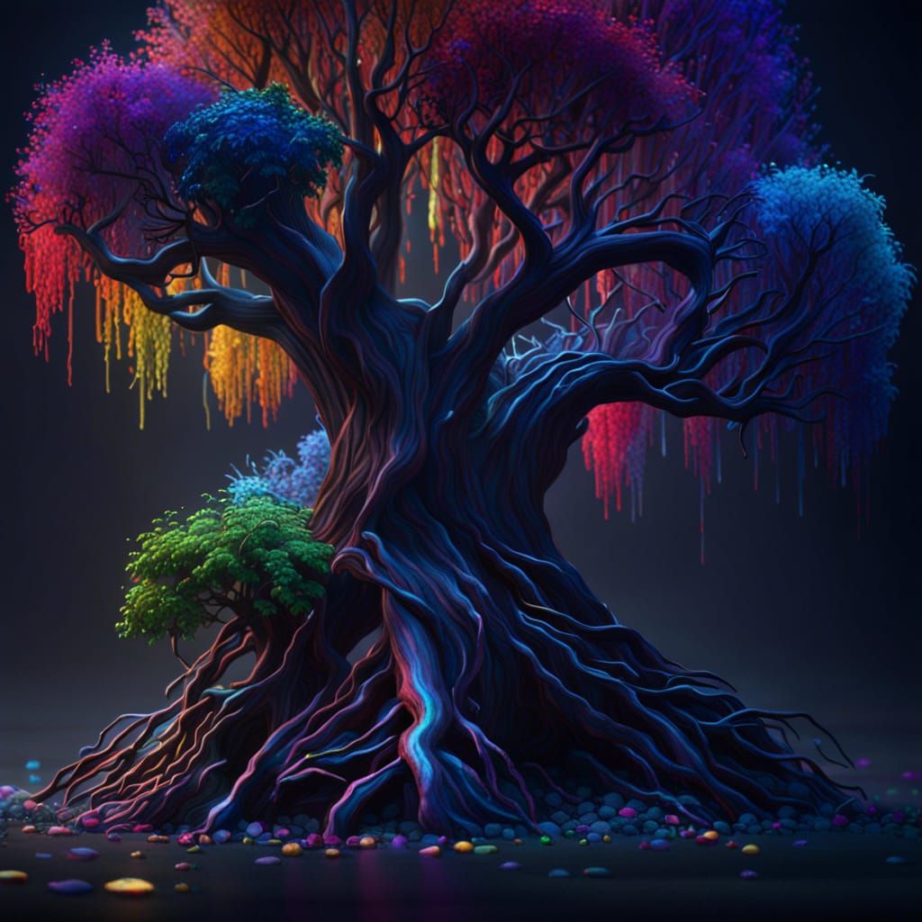 Rainbow Crystal Willow Tree at Midnight: Detailed Matte Pain...