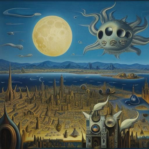 City on the moon in style of Leonora Carrington