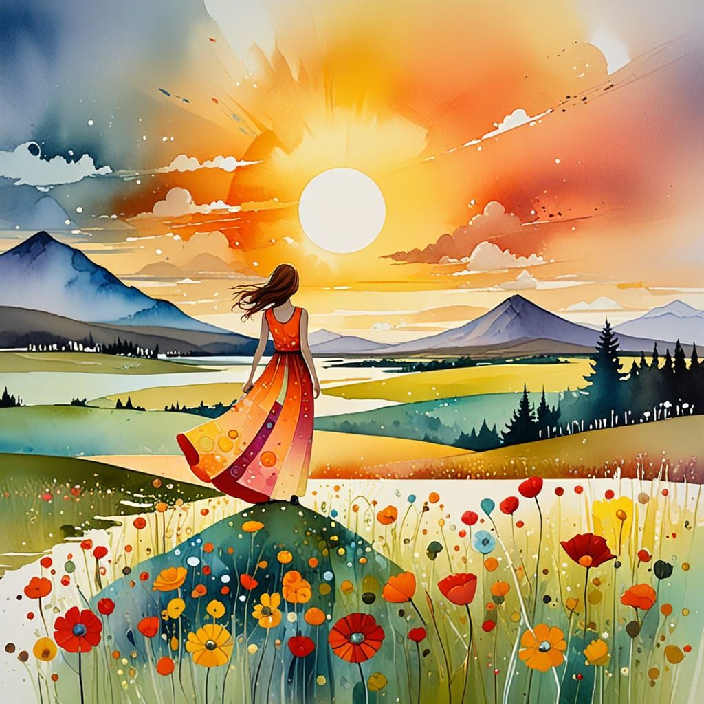 Whimsical Sunrise Watercolor Painting in Vibrant Colors