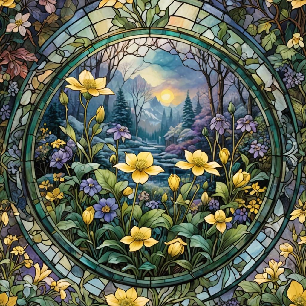 Stained Glass Winter Aconite Flower in Detailed Fantasy Styl...