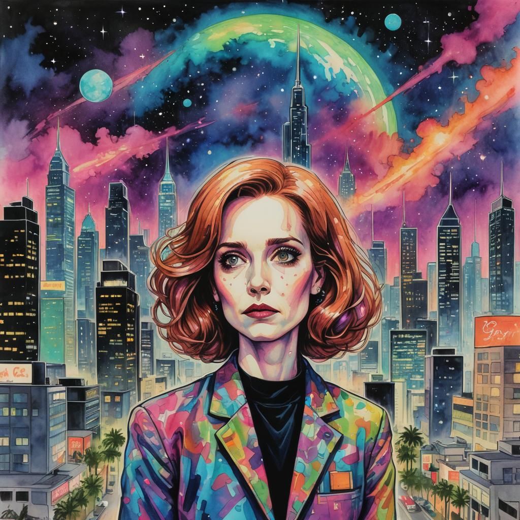 Neon Spacecore Portrait of Dana Scully in Cityscape