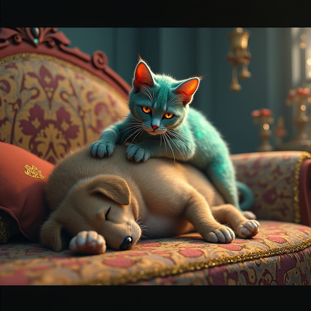 Cat Leaps on Dog in Dreamlike Fantasy Art