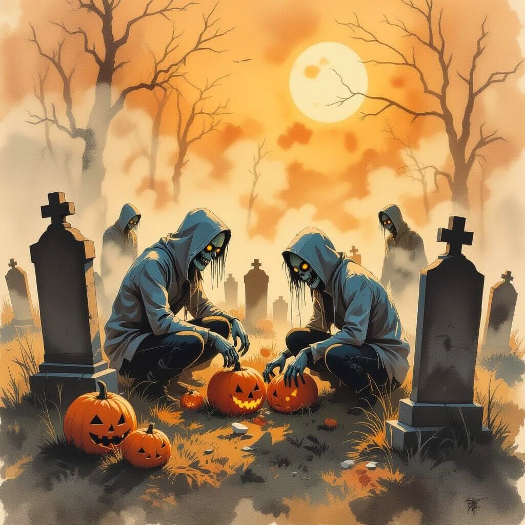 Zombies Decorate Graves in Halloween Pencil Sketch