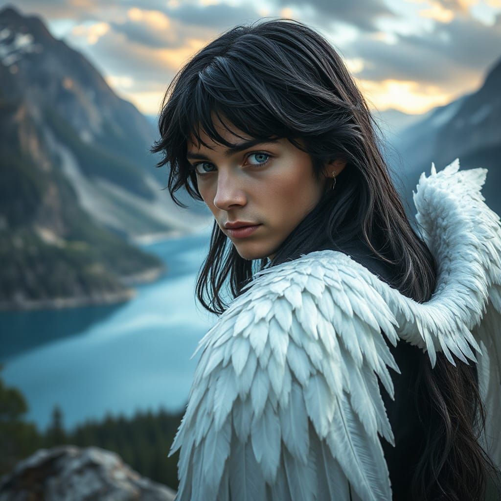 Fairytale Prince with Wings in Romantic Landscape