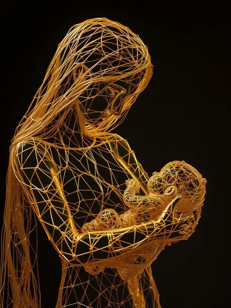Golden Wire Mother and Child Sculpture