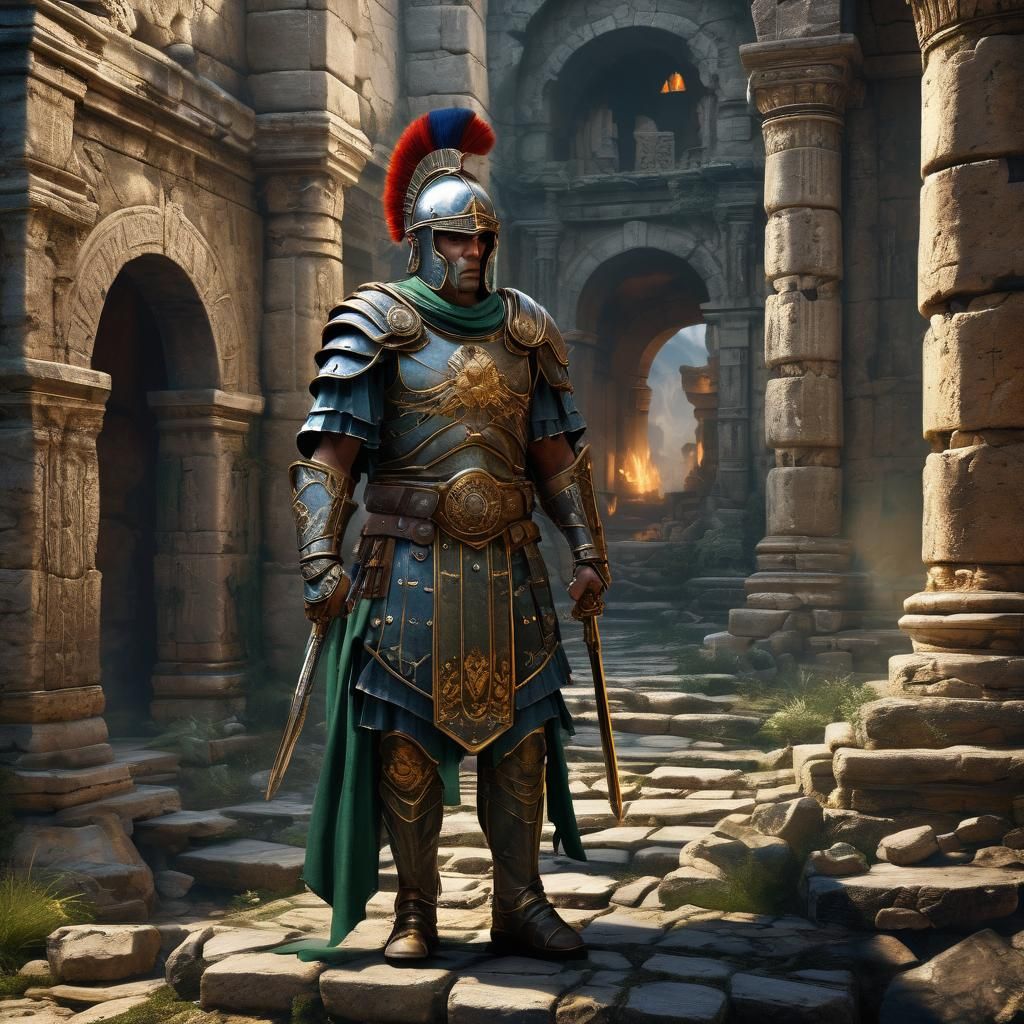 Heroic Roman Centurion Stands Amidst Ancient Ruins in Fantas...