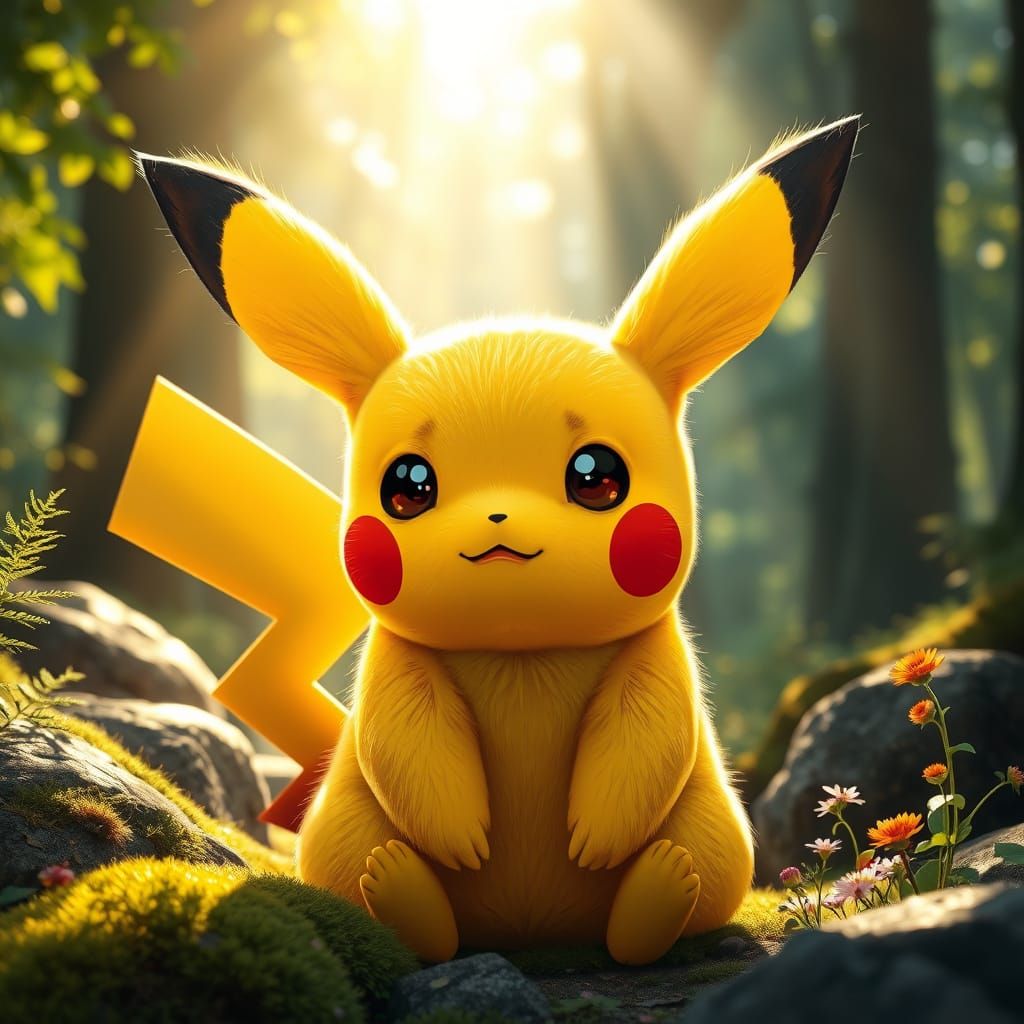 Pikachu in Sunlit Forest: Ultra-Realistic Digital Art