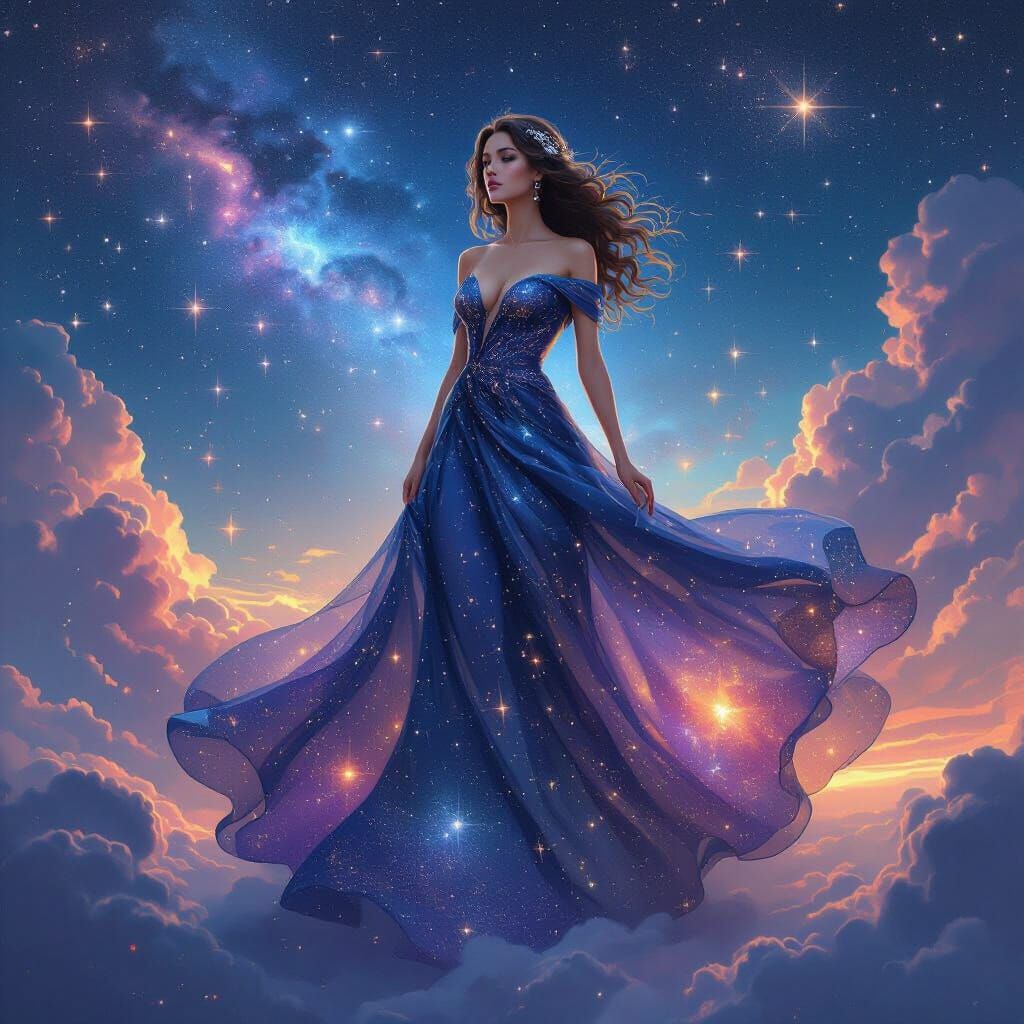 Dreamy Woman in Starry Night Sky Art