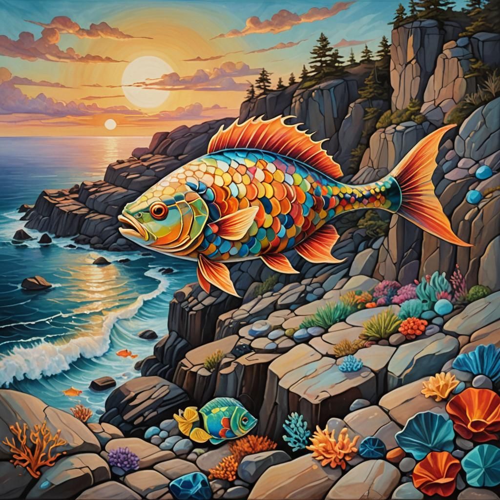 Fish Rug Overlooking Sunset: Surrealist Oil Painting