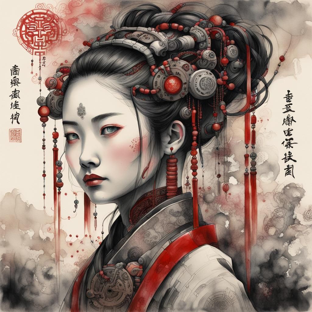 Robot Girl in Chinese Ink Art Style