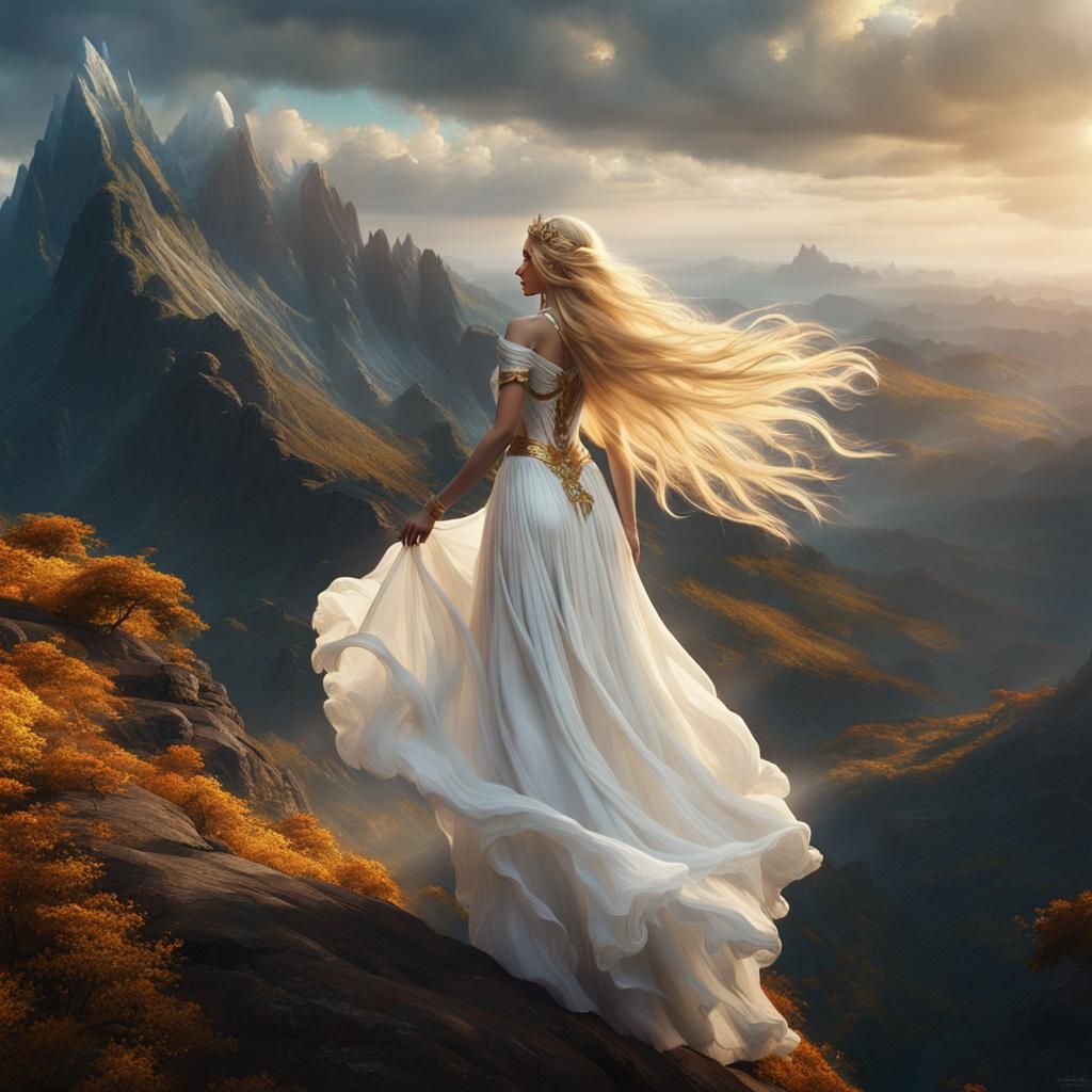 Goddess in White Dress on Mountain: Fantasy Art