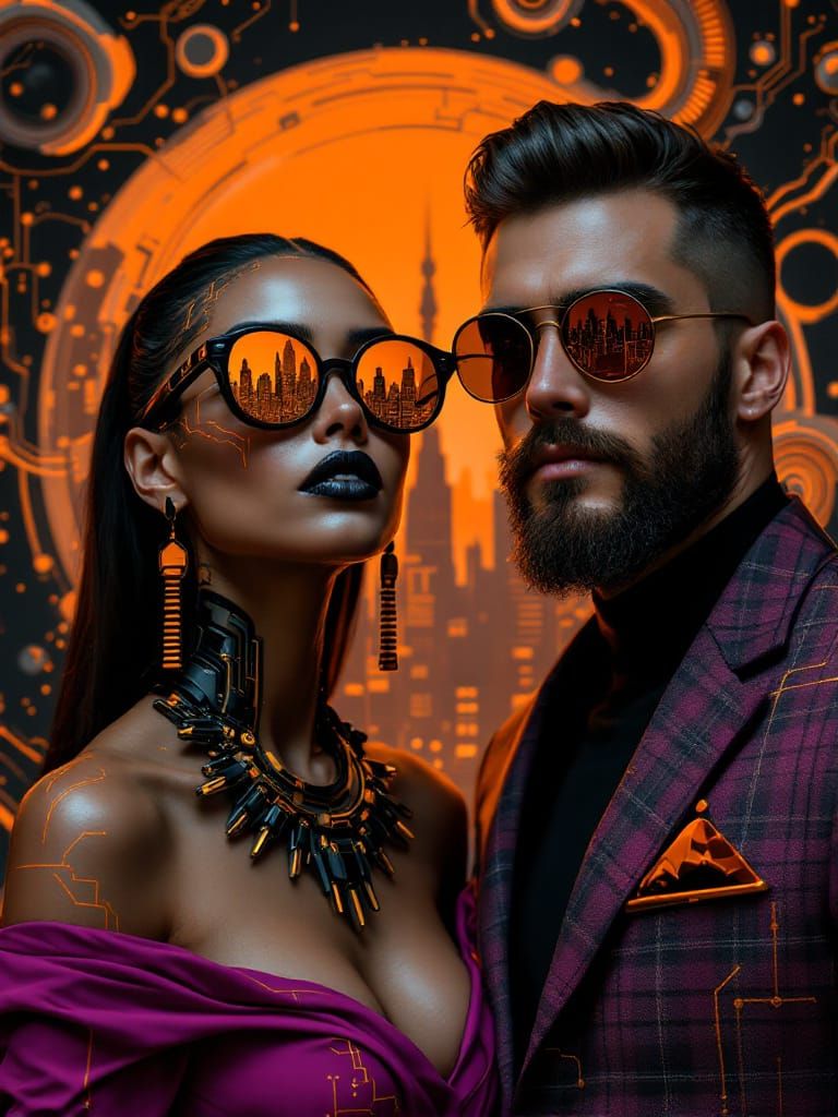 Futuristic Cybernetic Couple in Orange and Purple Cityscape