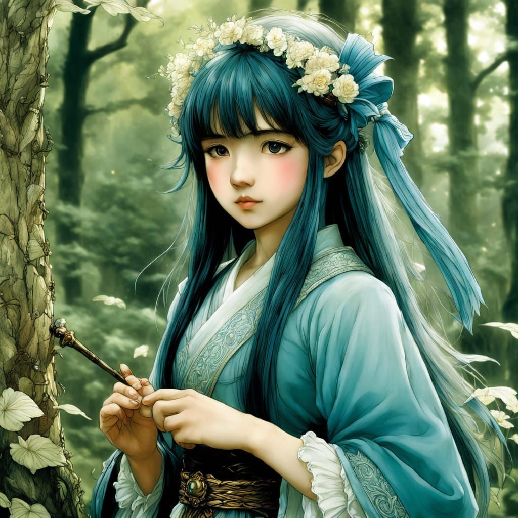 Colorful Anime Forest Illustration in Rackham Style