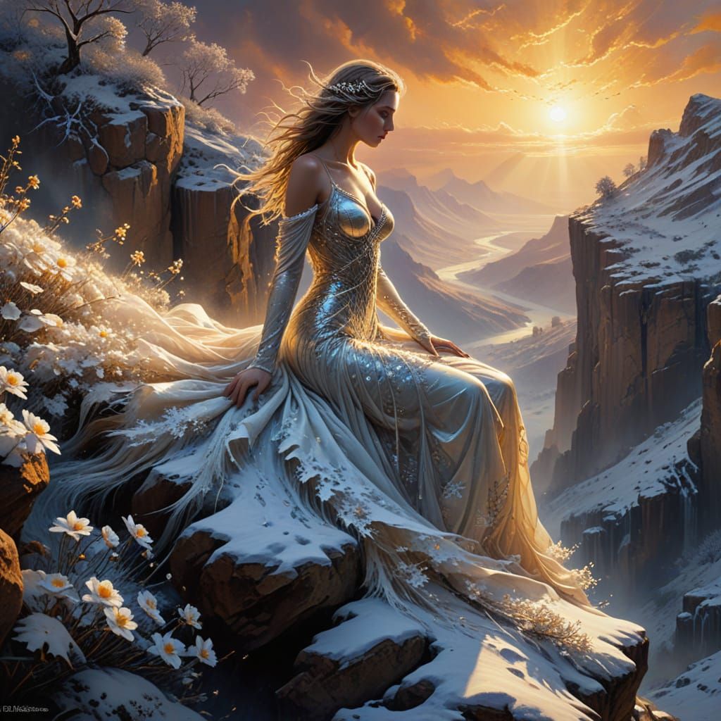 Winter Sunset with Enchanted Snow Maiden