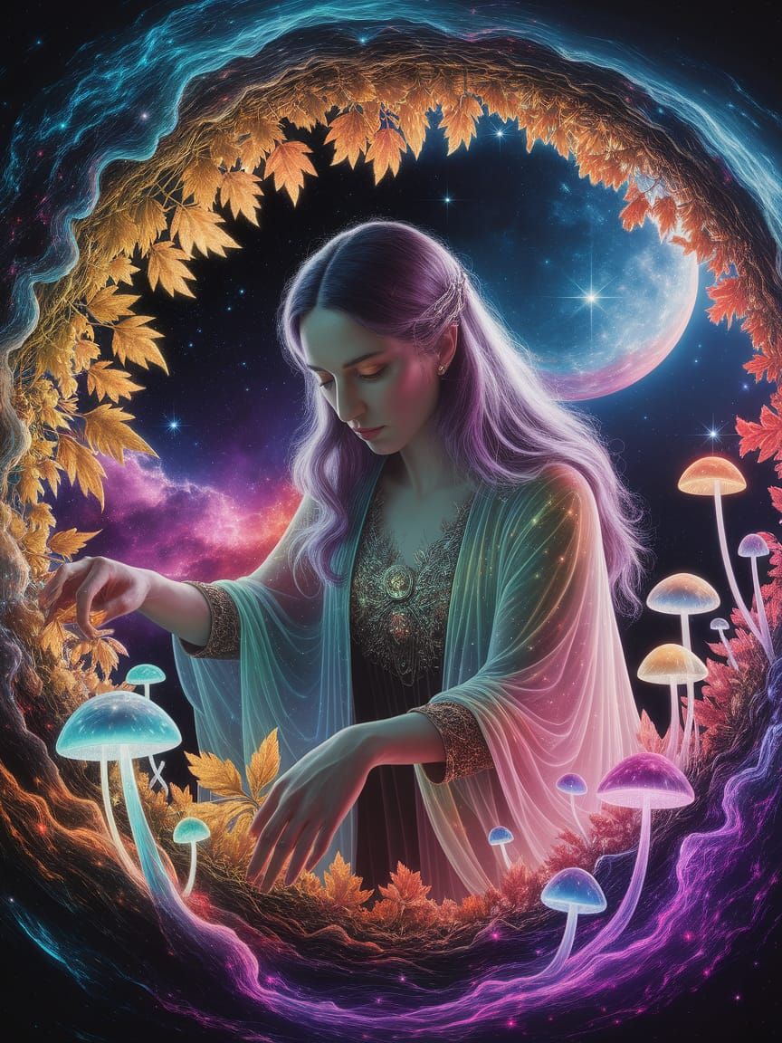 Cosmic Herbalist Tending Glowing Plants in Nebula Garden