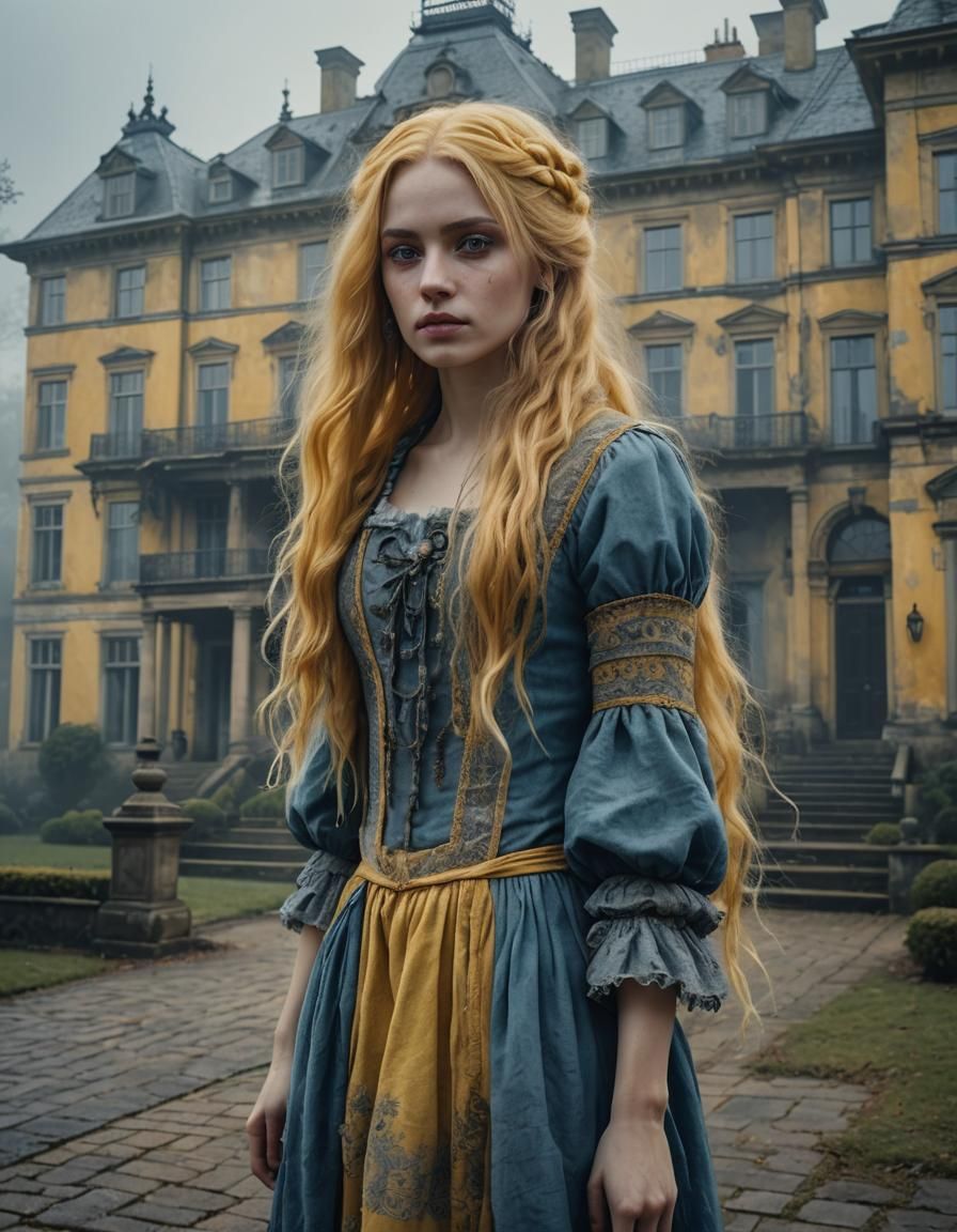 Young Girl in Rags Portrait with Antique Mansion