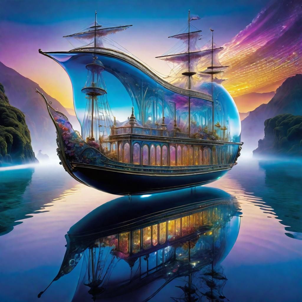 Transparent Glass Ship in Dreamy Surreal Landscape
