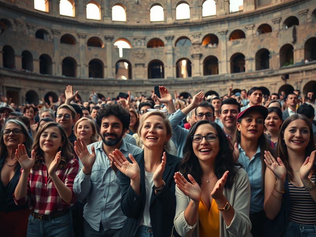 Enthusiastic Crowd Applauds in Ancient Colosseum