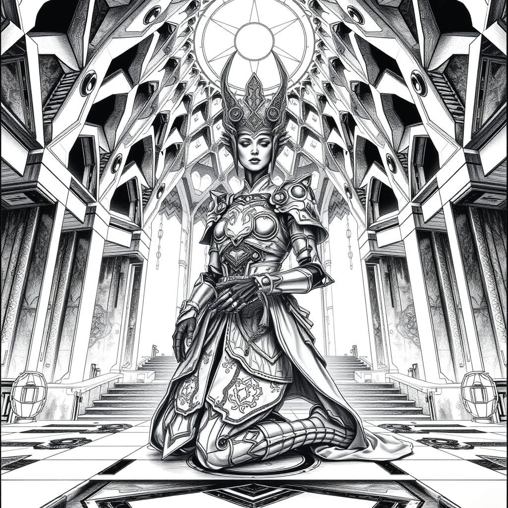 Cyborg Geisha Priestess in Neo-Islamic Temple